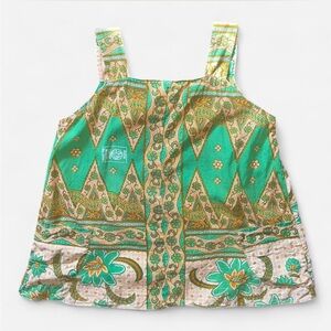 VTG 70s Green And Cream Square Neck Floral Top With Pockets